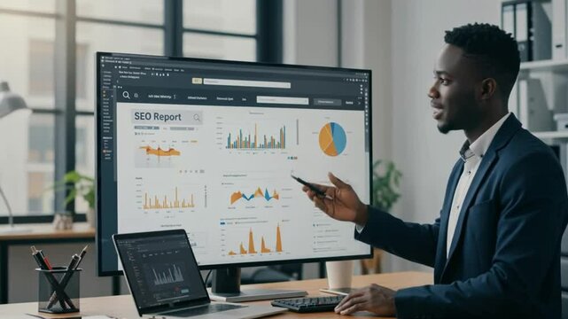 Focused professional analyzing business data and charts on a large computer screen in a modern office.