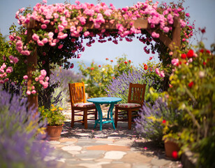 Obraz premium Charming outdoor setting featuring colorful flowers and wooden chairs near the sea in an anime style