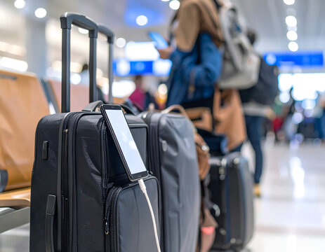 Close up of a cracked phone charging on a suitcase in a busy airport terminal with travelers in the background