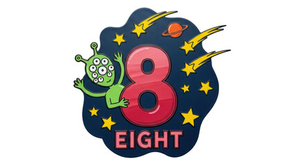 Isolated number eight with alien and stars