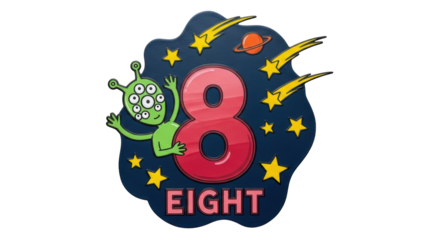 Isolated number eight with alien and stars
