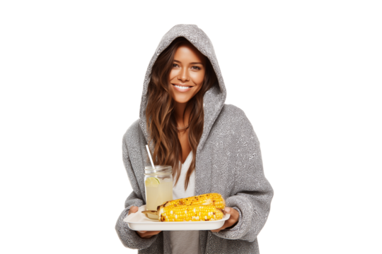 Smiling woman in cozy hoodie holding grilled corn and lemonade on tray. Transparent background, perfect for food, lifestyle, picnic, or summer meal concepts with clean cutout.