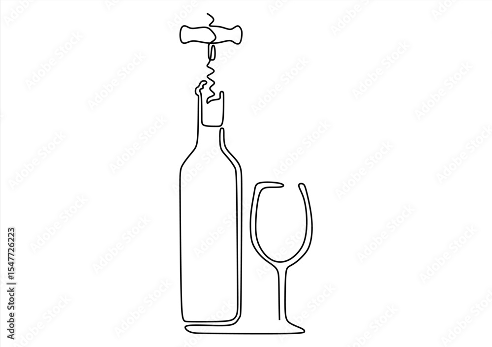 Poster wine bottle, wine glass and corkscrew in continuous line. line icon-continuous line drawing. editabl