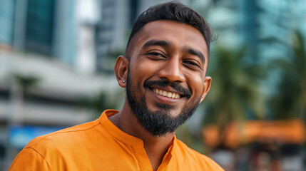 Smiling delivery professional in orange, exuding warmth and approachability, embodying reliable service with a personal touch.