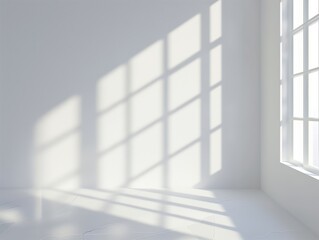 Fototapeta premium Minimalist white wall with soft shadows, window reflection, and leaves, offering a calm and elegant background perfect for presentations, advertisements, and web banners with text space.