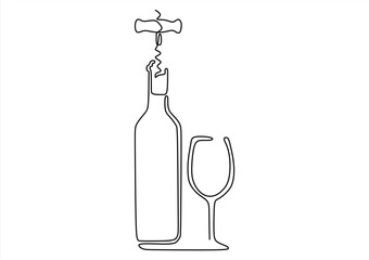Wine bottle, wine glass and corkscrew in continuous line.  line icon-continuous line drawing. Editable stroke.
