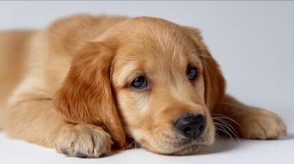 Golden retriever puppy lying down on white background