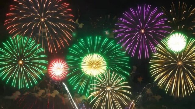 Looping Multicolored Isolated Fireworks Grand Finale , Display of colorful fireworks exploding in the night sky celebration hd video , 4k video , mp4 video , mov