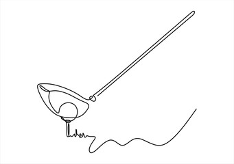 Continuous line drawing of golf club and ball. Vector illustration.

