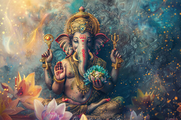Bright holiday composition for happy Ganesh Chaturthi, abstract vivid composition consists of fictional unreal fantastic vision on background
