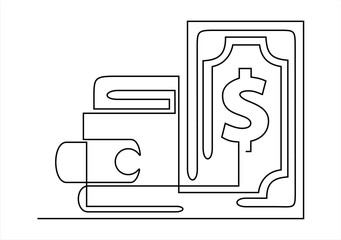 Money and Wallet Line.   line icon-continuous line drawing. Editable stroke.