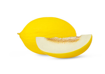 Yellow melon and a cut with seeds isolated. Retouched photo, not AI.
