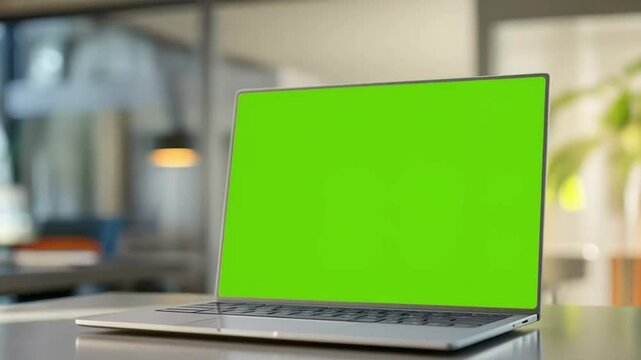 Laptop with Green Screen on Desk in Modern Office Setting