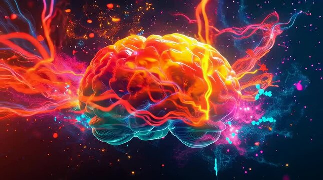 Colorful brain with paint splashes representing creativity and intelligence