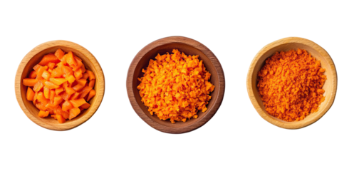 Set of carrot presentations chopped and grated. Each element separately