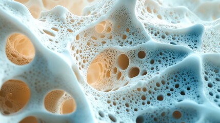 Close-up 3D rendering of porous, spongy blue and beige structure with intricate holes and organic texture.