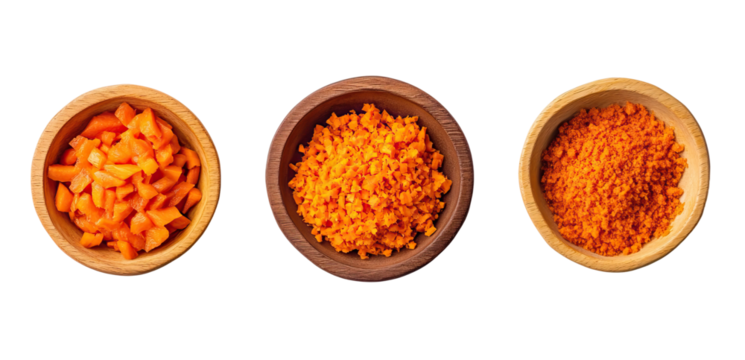 Set of carrot presentations chopped and grated. Each element separately