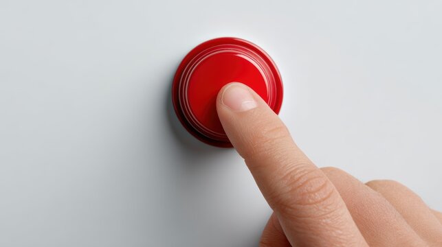 Hand pressing a red button on white background