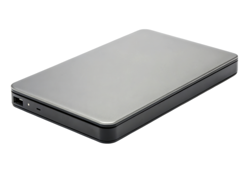 Portable external hard drive with a sleek design.