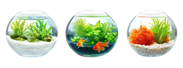 Set of different aquarium fish in identical glass bowls. Each fish is separately isolated