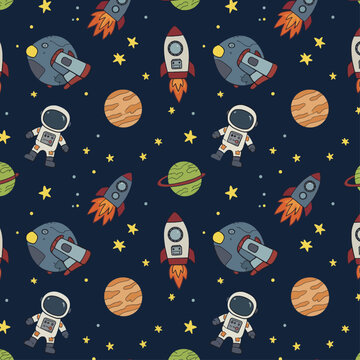 Fototapeta Adorable Astronaut Rockets Planets Seamless Pattern for Kids Textile Design featuring charming space elements and vibrant colors. Vector Patterns Random Pattern