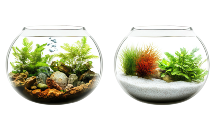 Set of different aquarium fish in identical glass bowls. Each fish is separately isolated