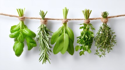 Set of fresh herbs tied with string on white background