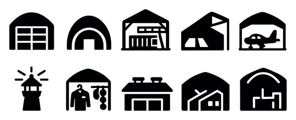 Warehouse, storage silhouette icon set featuring building, facility symbols