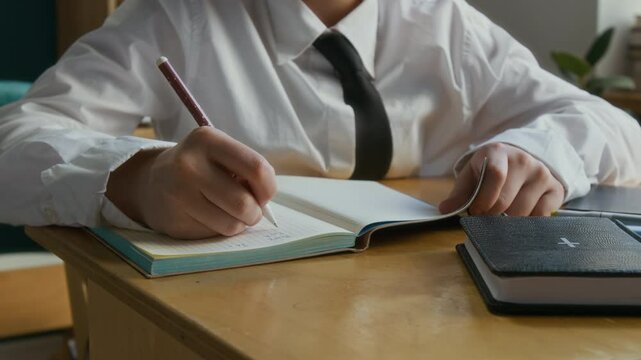 Cropped shot of unrecognizable student in uniform writing in exercise book sitting at single desk during Bible class at school