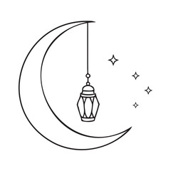 Islamic crescent moon with lantern and stars line art