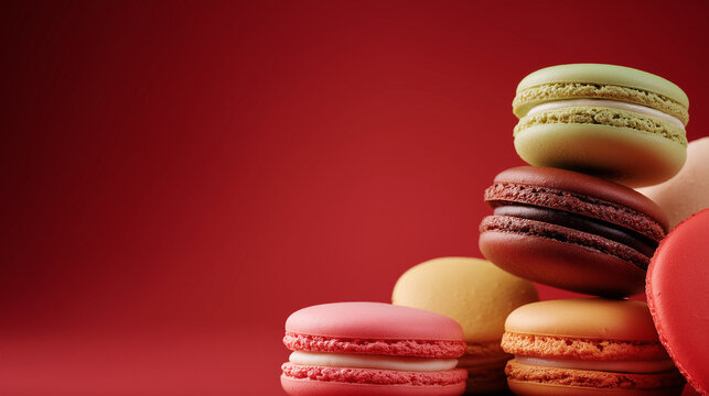 Colorful Macarons on Red Background
