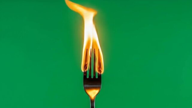 Flaming Fork on Green Screen - A close-up shot of a metal fork engulfed in flames against a vibrant green background.