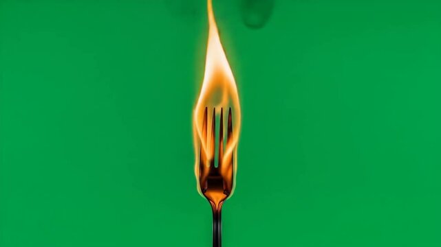 Flaming Fork on Green Screen - A metal fork is engulfed in flames against a vibrant green background. The video is sharply focused, showcasing the detail of the fire and the fork's tines.