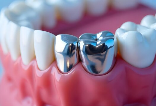 A dental model featuring a set of teeth with two prominent silver colored crowns visible on the molars