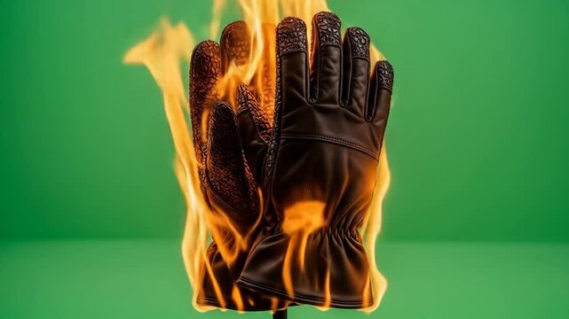 Fire Resistant Gloves Burning Test - A pair of dark brown leather gloves is engulfed in flames against a bright green background.