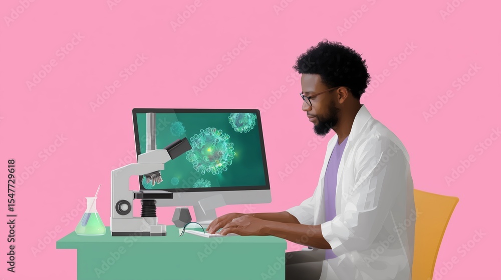 Poster scientist analyzing data at computer with microscope on desk against pink background in modern labor