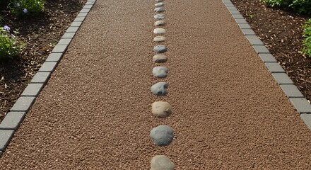 Serene Garden Path: Stepping Stones on a Brown Gravel Walkway