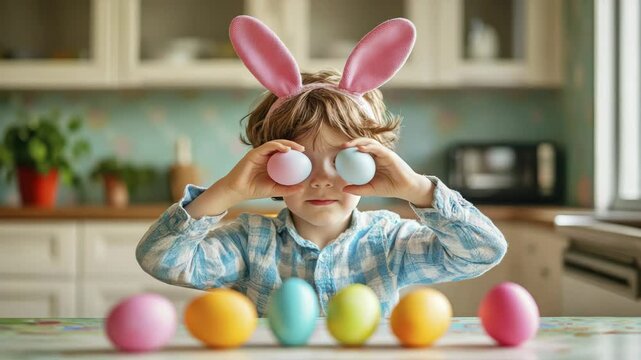 Little kid with bunny ears using colorful Easter eggs. Happy child playing game in kitchen at home on Easter day. Boy opens and closes eyes with colorful eggs.