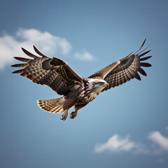 Fototapeta premium A majestic bird of prey with distinctive brown and white plumage soars through a bright blue sky with scattered white clouds