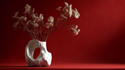 A white vase with a hole in the middle sits on a red background