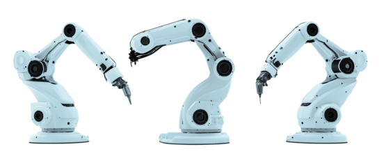 Set of medical robots - white robotic arms with clean, precise tools and sensors.