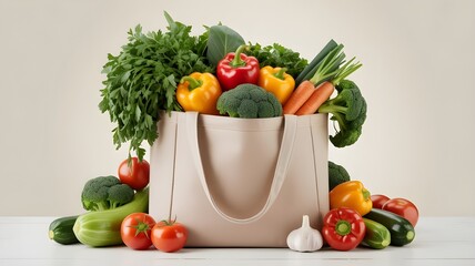 Fresh organic vegetables in a reusable grocery bag on a white background