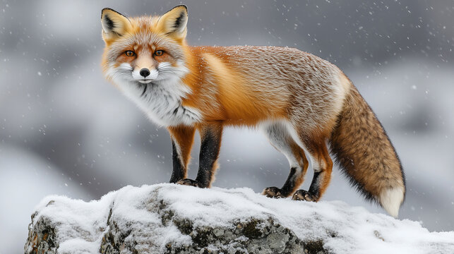 Red fox standing on snowy rock in winter