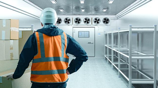 Worker in safety gear inspects industrial cold storage room with metal shelving, cooling fans, and stacked boxes for temperature-controlled logistics. Activity: Warehouse, Storage.