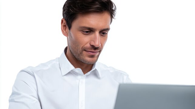 Young businessman using laptop isolated on white background - Powered by Adobe