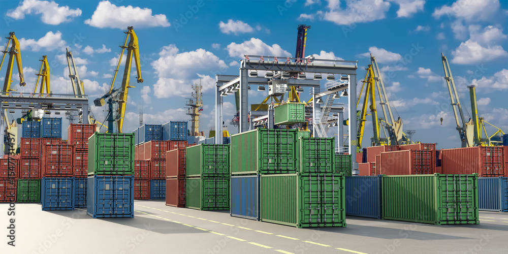 Poster shipping containers stacked at busy seaport terminal with cranes loading cargo for international log