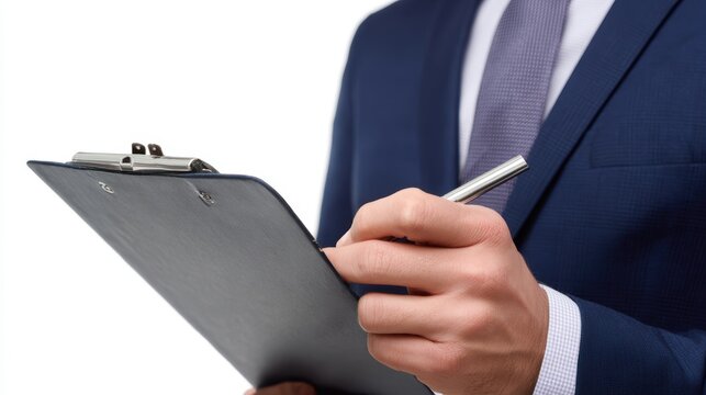 Businessman writing on clipboard isolated on white background