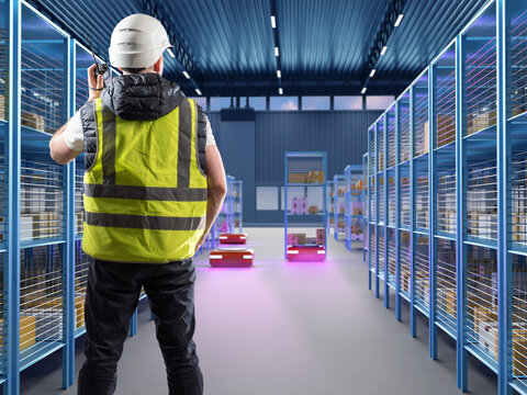Worker in safety gear oversees automated robots moving shelves in a smart warehouse using advanced logistics and robotics. Activity: Warehouse, Technology, Logistics. - Powered by Adobe