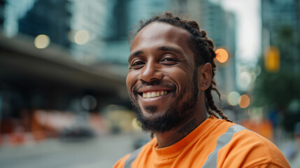 Fototapeta premium Smiling delivery professional in orange, exuding warmth and approachability, embodying reliable service with a personal touch.