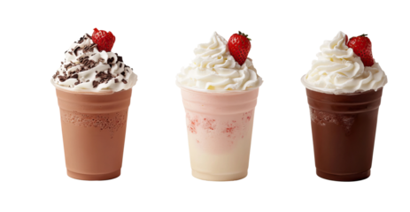 Set of milkshakes - creamy chocolate, strawberry, and vanilla milkshakes topped with whipped cream